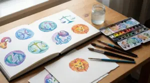 Disegni ad acquerello di simboli zodiacali su un tavolo con pennelli e colori.
