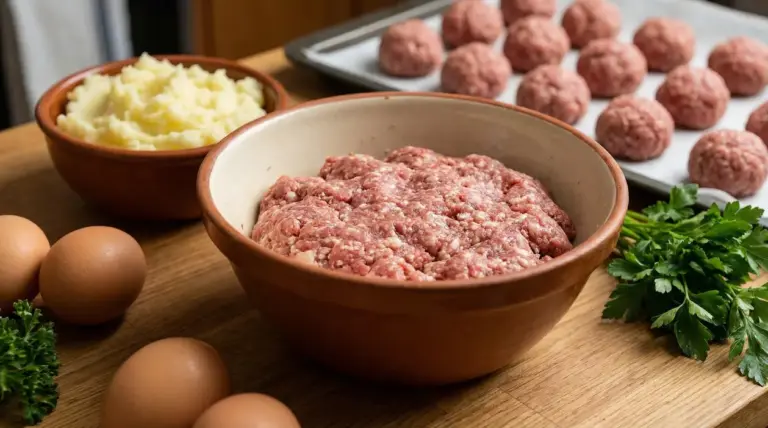 Ingredienti per polpette su un tavolo: carne macinata, uova, purè di patate e prezzemolo