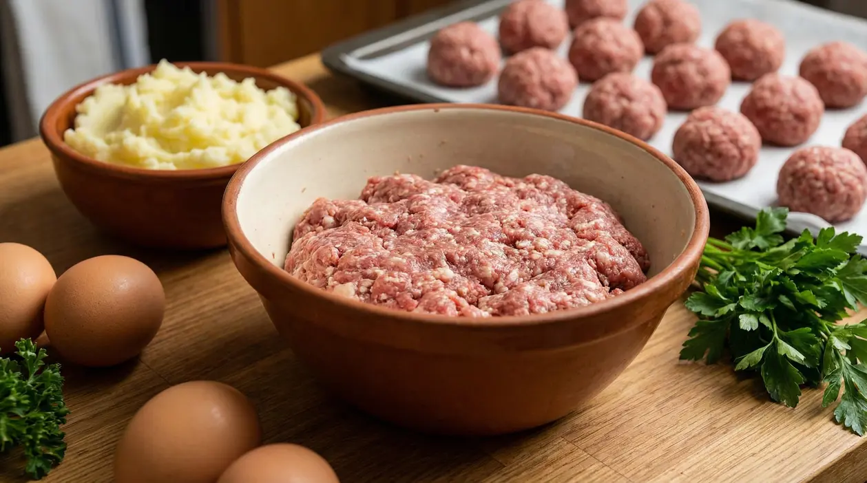 Ingredienti per polpette su un tavolo: carne macinata, uova, purè di patate e prezzemolo