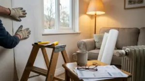 Persona applica pannello isolante su parete interna di una casa accogliente