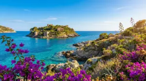 Isola italiana con mare cristallino, rovine e fiori primaverili in primo piano