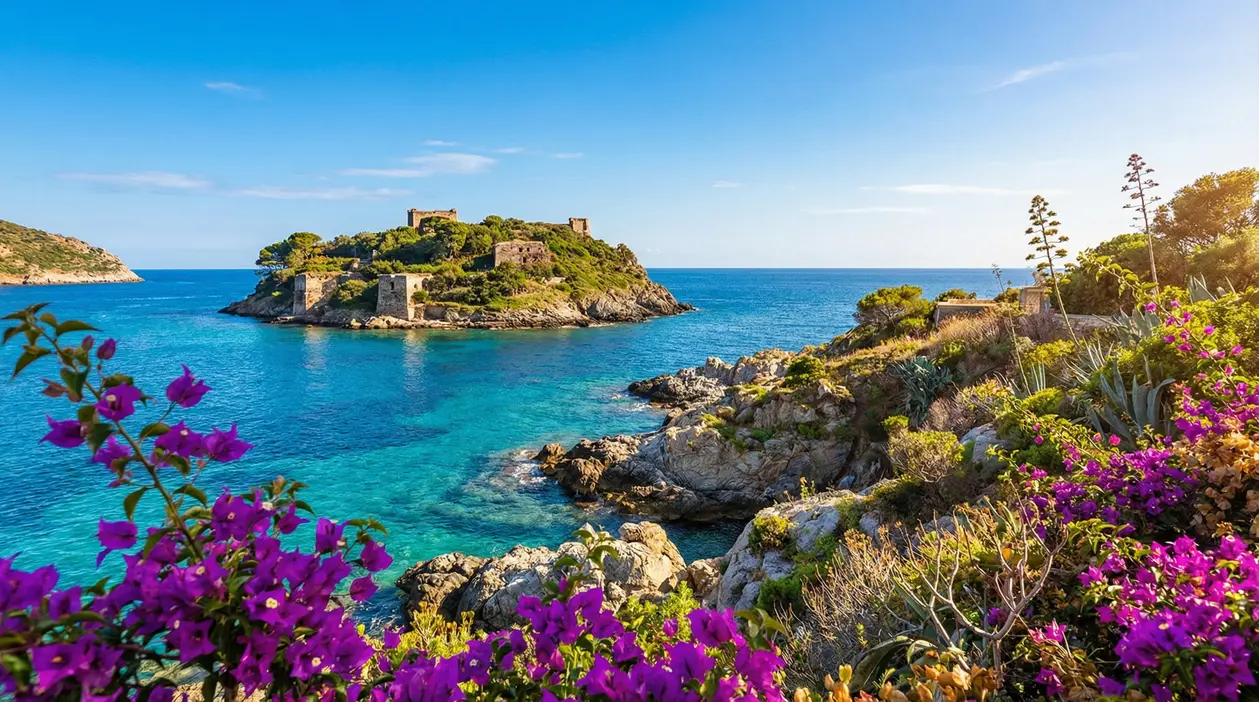 Isola italiana con mare cristallino, rovine e fiori primaverili in primo piano