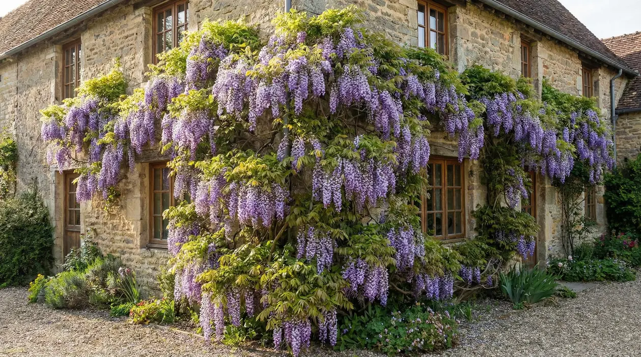 Casa in pietra con pareti coperte da una lussureggiante pianta di glicine in fiore