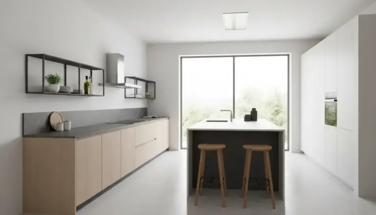 Cucina moderna minimalista con mensole aperte al posto dei pensili alti