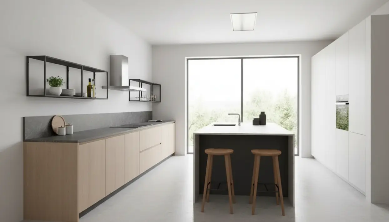 Cucina moderna minimalista con mensole aperte al posto dei pensili alti