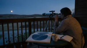 Persona osserva il cielo notturno con un telescopio su un balcone, accanto a un libro di costellazioni