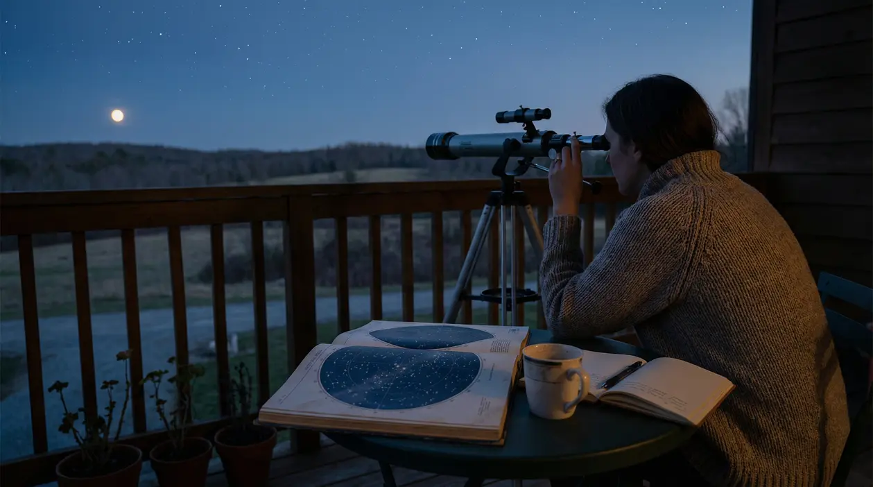 Persona osserva il cielo notturno con un telescopio su un balcone, accanto a un libro di costellazioni
