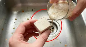 Cubo di lievito di birra e miscela liquida versata in un lavandino con scarico ostruito