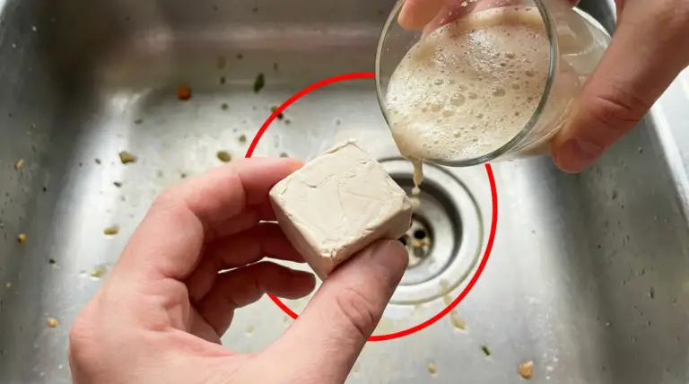 Cubo di lievito di birra e miscela liquida versata in un lavandino con scarico ostruito