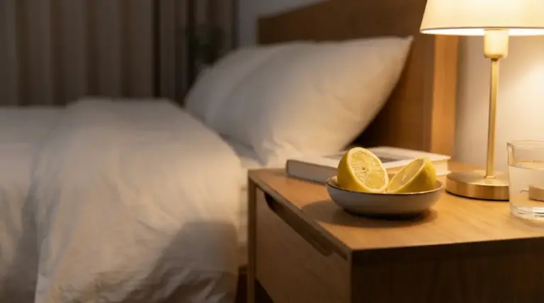 Limone tagliato in una ciotola su un comodino accanto a un letto