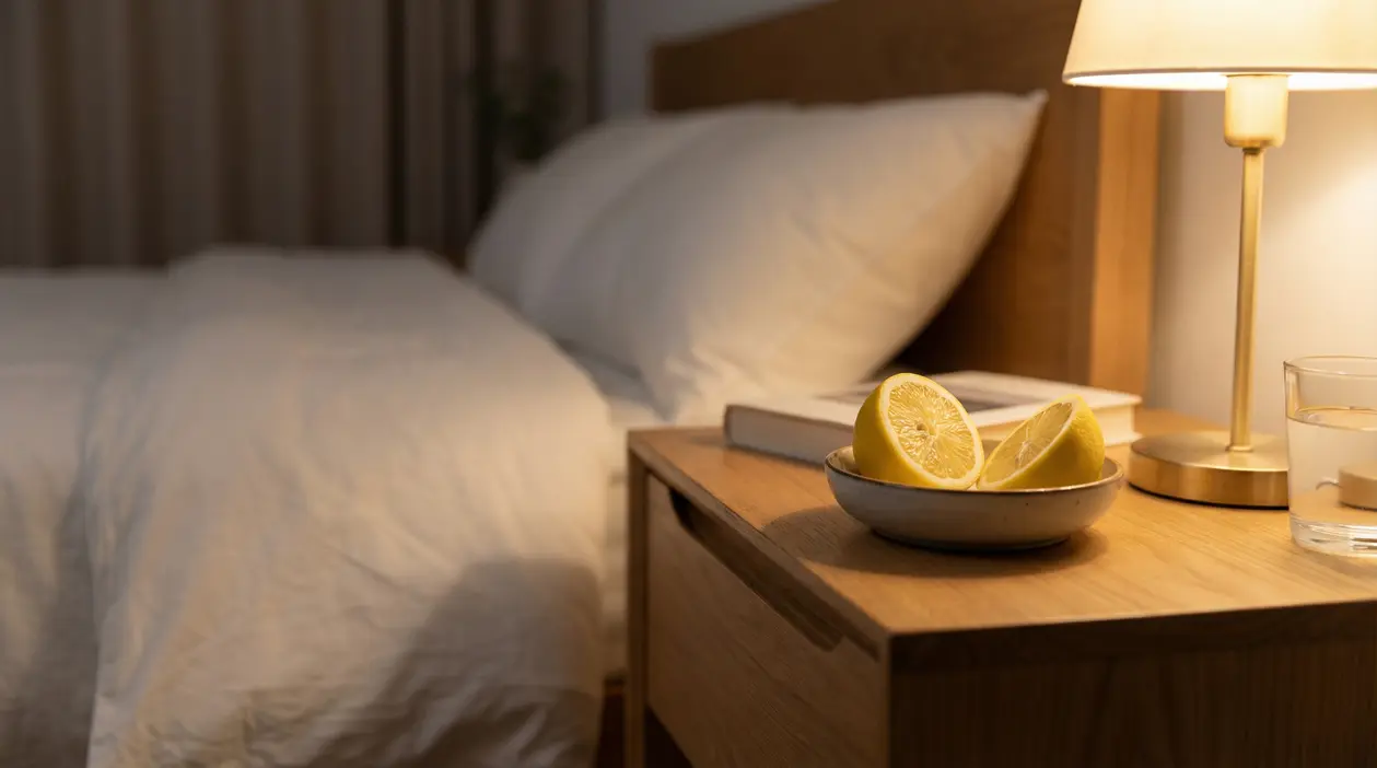 Limone tagliato in una ciotola su un comodino accanto a un letto