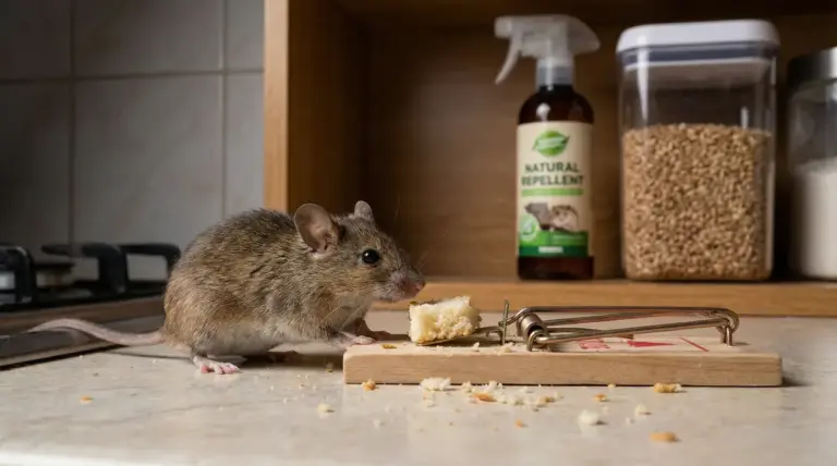 Un topo su un piano cucina vicino a una trappola con un pezzo di pane