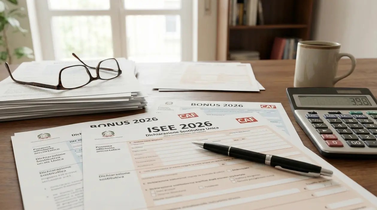 Moduli ISEE 2026 e documenti per bonus CAF su una scrivania con penna, calcolatrice e occhiali