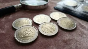 Monete da due euro commemorative disposte su un panno vicino a una lente di ingrandimento