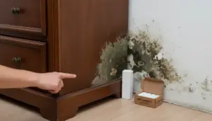 Muffa su parete dietro un mobile con una mano che indica e prodotto anti-umidità sul pavimento