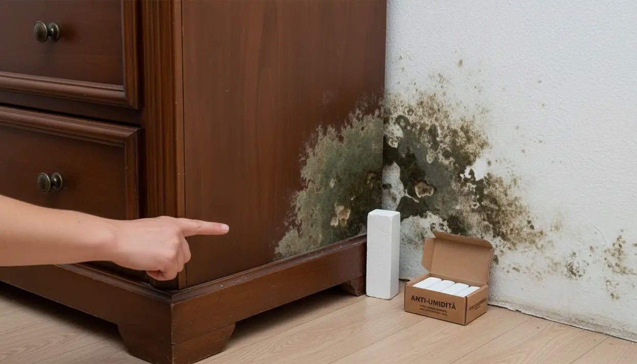 Muffa su parete dietro un mobile con una mano che indica e prodotto anti-umidità sul pavimento