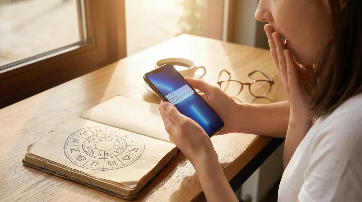 Persona sorpresa mentre legge un messaggio sul telefono accanto a un libro con simboli zodiacali