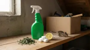 Spray verde, limone, cotone, foglie essiccate e un topo su uno scaffale in soffitta