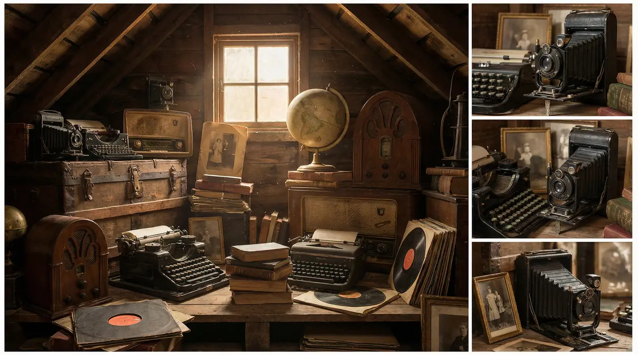 Oggetti vintage in soffitta, tra cui macchine da scrivere, radio d'epoca, dischi in vinile, libri e una macchina fotografica