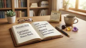 Scrivania con agenda aperta che mostra previsioni zodiacali per gennaio 2026, tazza di caffè e cristalli colorati.