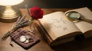 Libro aperto con costellazione del Sagittario, lente d'ingrandimento, rosa rossa e monete su tavolo di legno