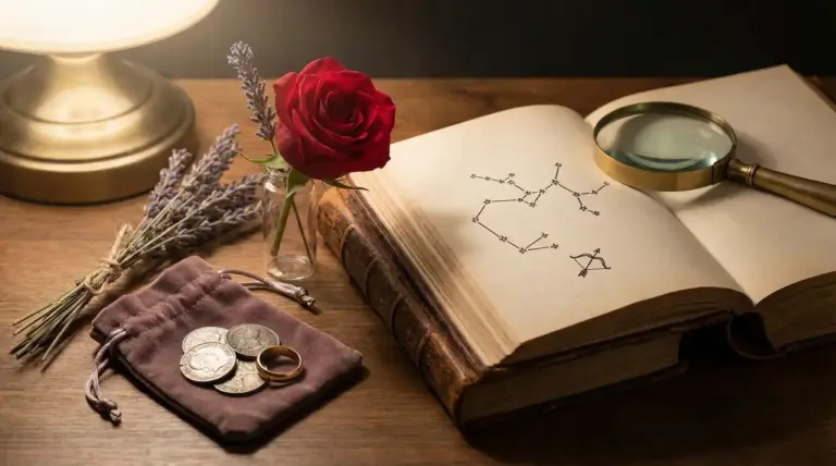 Libro aperto con costellazione del Sagittario, lente d'ingrandimento, rosa rossa e monete su tavolo di legno