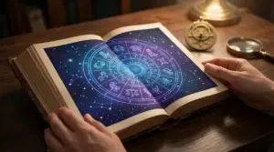 Una persona sfoglia un libro con illustrazioni dei segni zodiacali e costellazioni