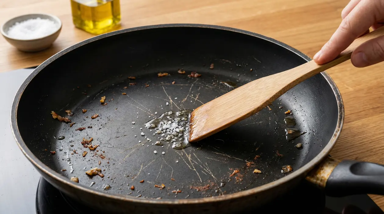 Padella rovinata con graffi e residui di cibo, pulita con una spatola di legno e sale grosso