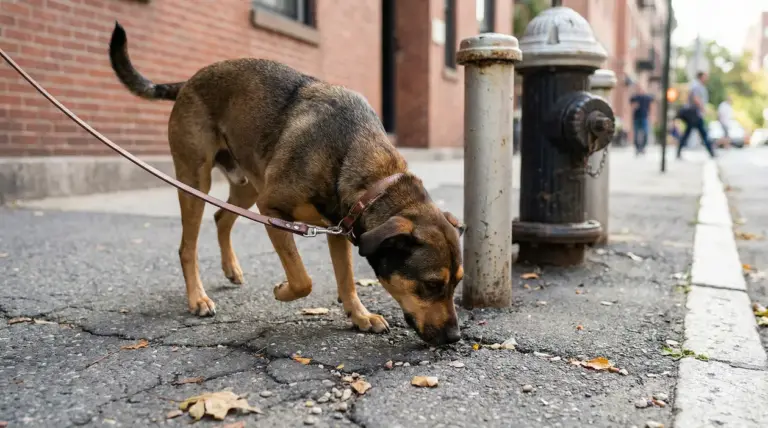 Cane al guinzaglio che annusa il marciapiede vicino a un idrante su una strada cittadina