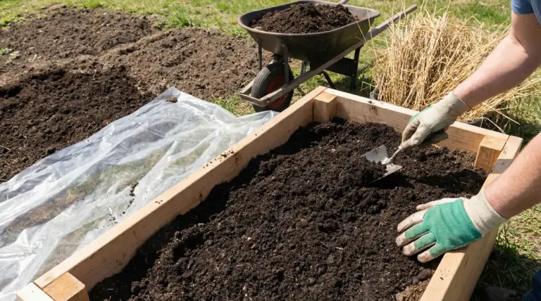 Persona che lavora il terreno in una cassetta rialzata da orto con una paletta