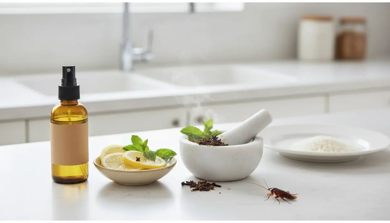 Ingredienti naturali su un piano da cucina con uno scarafaggio vicino a un mortaio