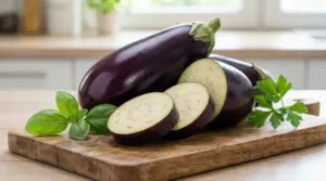 Melanzane intere e a fette su un tagliere di legno con foglie di basilico e prezzemolo