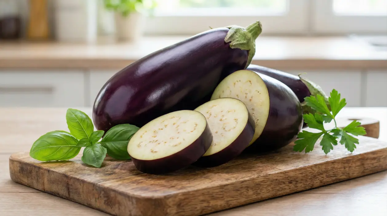 Melanzane intere e a fette su un tagliere di legno con foglie di basilico e prezzemolo