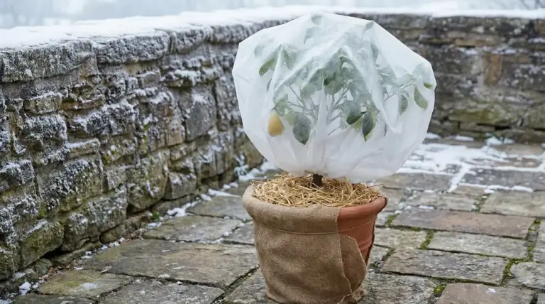Pianta di limone in vaso protetta con tessuto e paglia contro il gelo