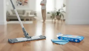 Panno cattura polvere e scopa su pavimento in legno in un salotto moderno