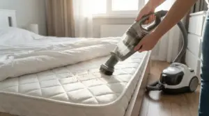 Una persona pulisce un materasso con un aspirapolvere in una camera da letto luminosa