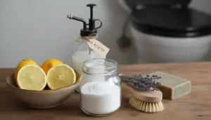 Ingredienti naturali per la pulizia del bagno su un tavolo di legno, con limone, aceto, bicarbonato e spazzola