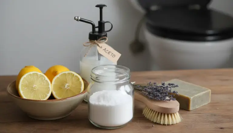Ingredienti naturali per la pulizia del bagno su un tavolo di legno, con limone, aceto, bicarbonato e spazzola