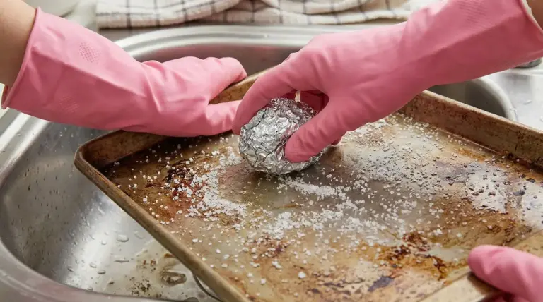 Mani con guanti rosa puliscono una teglia con foglio di alluminio e sale grosso