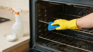 Una mano con guanto giallo pulisce l'interno incrostato di un forno con una spugna blu