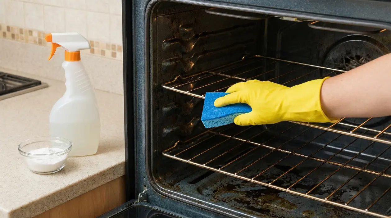 Una mano con guanto giallo pulisce l'interno incrostato di un forno con una spugna blu