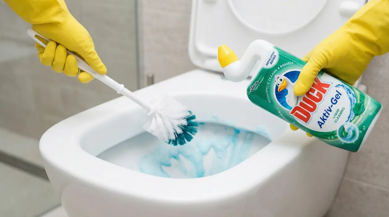 Persona con guanti gialli pulisce un wc con spazzola e detergente igienizzante