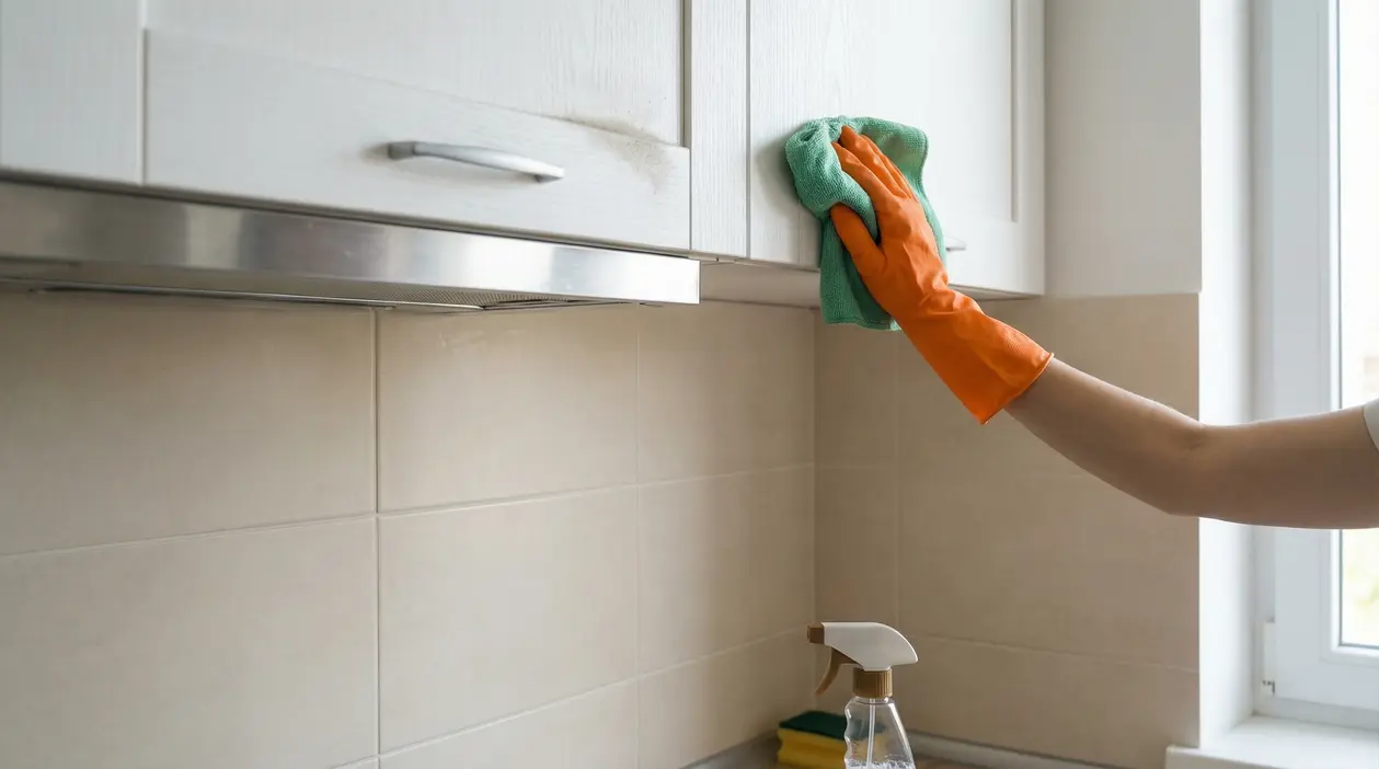 Persona con guanto arancione pulisce la parte superiore di un pensile della cucina con un panno verde
