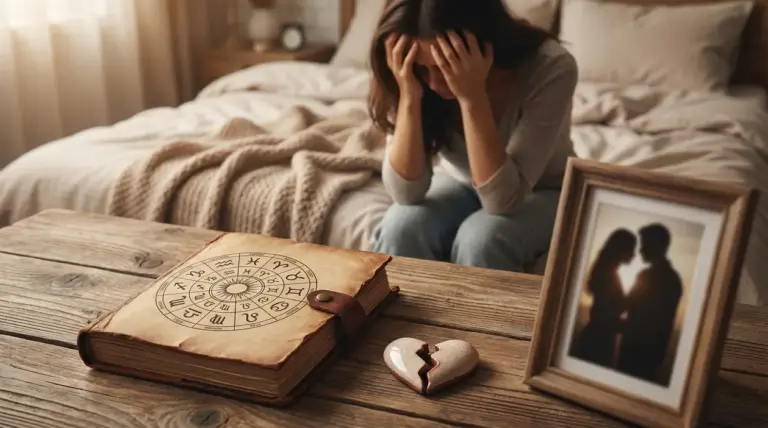 Donna seduta su un letto con le mani sul viso, accanto a un libro astrologico e un cuore spezzato su un tavolo