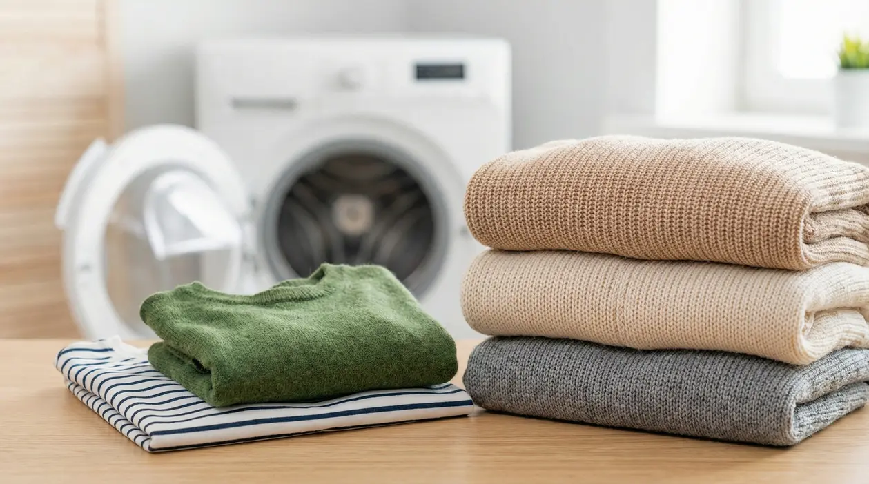 Maglioni piegati su un tavolo in una lavanderia domestica con lavatrice sullo sfondo