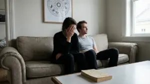 Una coppia seduta su un divano sembra in difficoltà, con un quadro zodiacale sullo sfondo