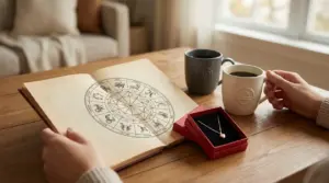 Una persona guarda un libro con i segni zodiacali accanto a due tazze di caffè e una collana su un tavolo