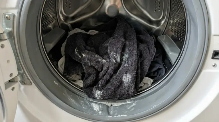 Asciugamani bagnati con residui di detersivo all'interno di una lavatrice aperta