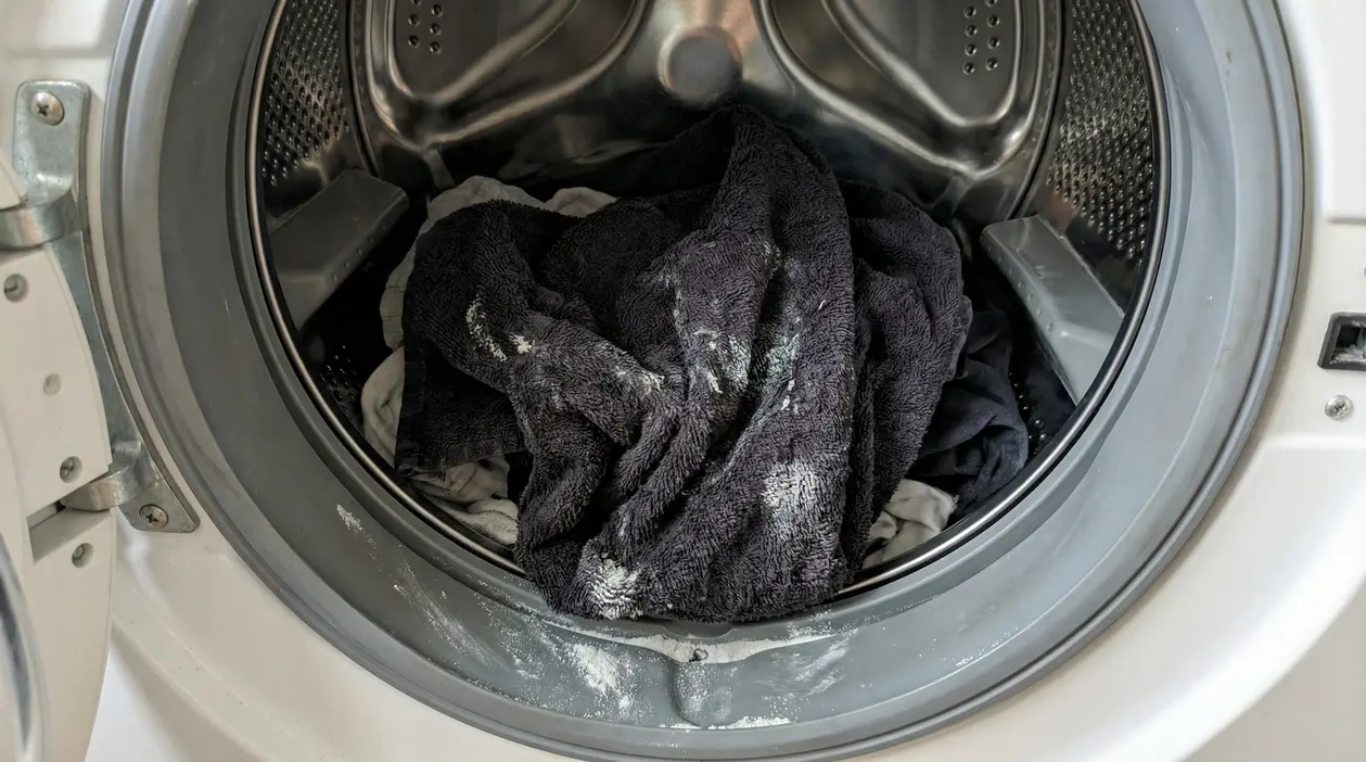 Asciugamani bagnati con residui di detersivo all'interno di una lavatrice aperta