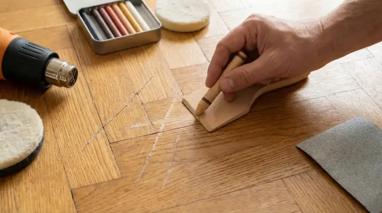 Mano che applica cera su graffi di un parquet con strumenti per riparazione